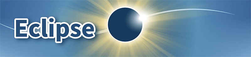 Total Eclipse cleverly uses the “C” in “Eclipse” as an eclipse, with the “c” as the star in bright white surrounded by radiating corona and the circle of black in the center as the planetary object partially blocking the star. 