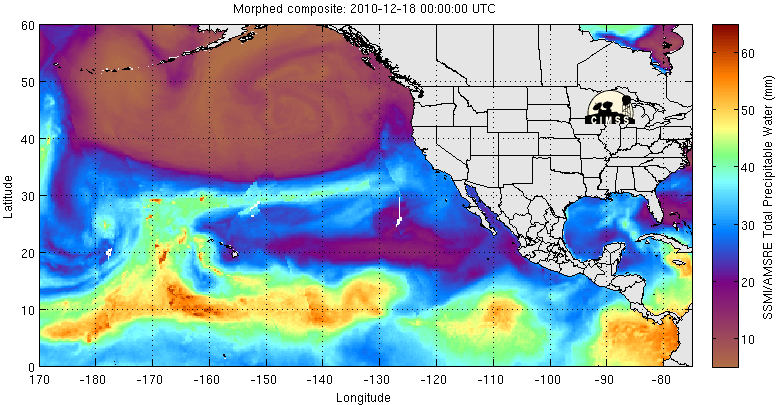 Animation of the atmospheric-river event. This animation shows an atmospheric river event over Dec. 18-20, 2010. High-altitude winds pull large amounts of water vapor (yellow and orange) from the tropical ocean near Hawaii and carry it straight to California. Image Credit: Anthony Wimmers and Chris Velden, University of Wisconsin-CI › Larger image