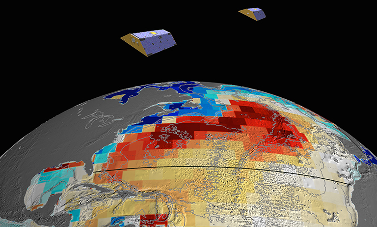 NASA's GRACE satellites (artist's concept) measured Atlantic Ocean bottom pressure as an indicator of deep ocean current speed. In 2009, this pattern of above-average (blue) and below-average (red) seafloor pressure revealed a temporary slowing of the deep currents. Credit: NASA/JPL-Caltech