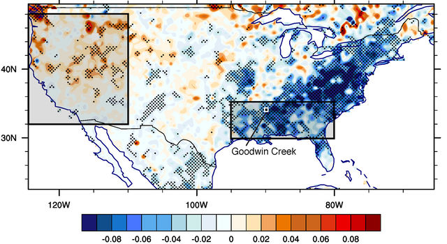 slide 2 - U.S. trends in the optical depth of aerosols from 2001 to 2015 (blue is decreasing, red is increasing).