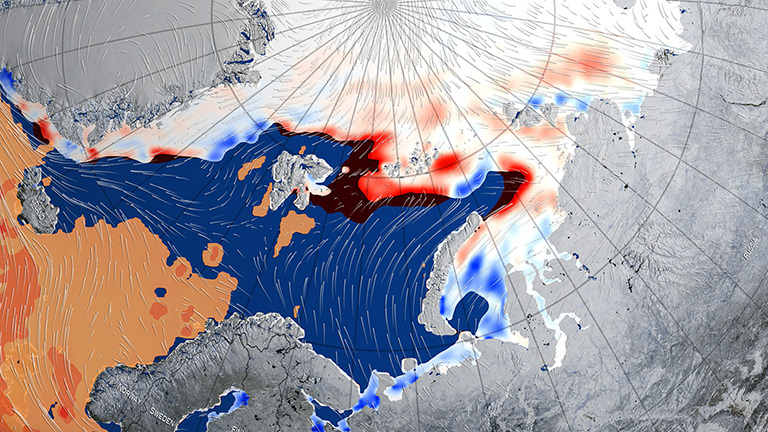 This image shows the winds and warm mass of air associated with a large cyclone that swept the Arctic in late December 2015-early January 2016, thinning and shrinking the sea ice cover. Credit: NASA Goddard's Scientific Visualization Studio/Alex Kekesi, data visualizer.