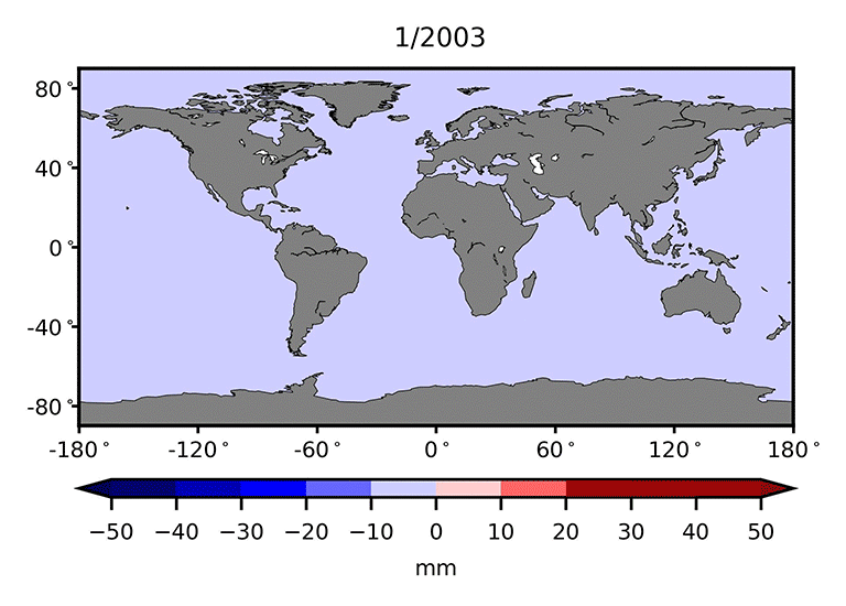 Sea level fingerprints (patterns of variation in sea level rise) calculated from GRACE satellite observations of changes in mass due to ice loss and changing water storage on land, 2002-2014. The blue contour (1.8 millimeters per year) shows the average sea level rise if all the water added to the ocean were spread uniformly around Earth. Credit: NASA/UCI