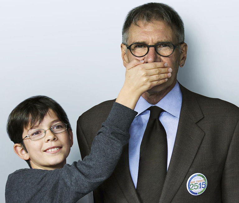 Plant-for-the-Planet campaign in which the world’s children implore adults to “stop talking, start planting.” Seen here, Felix Finkbeiner with supporter Harrison Ford.