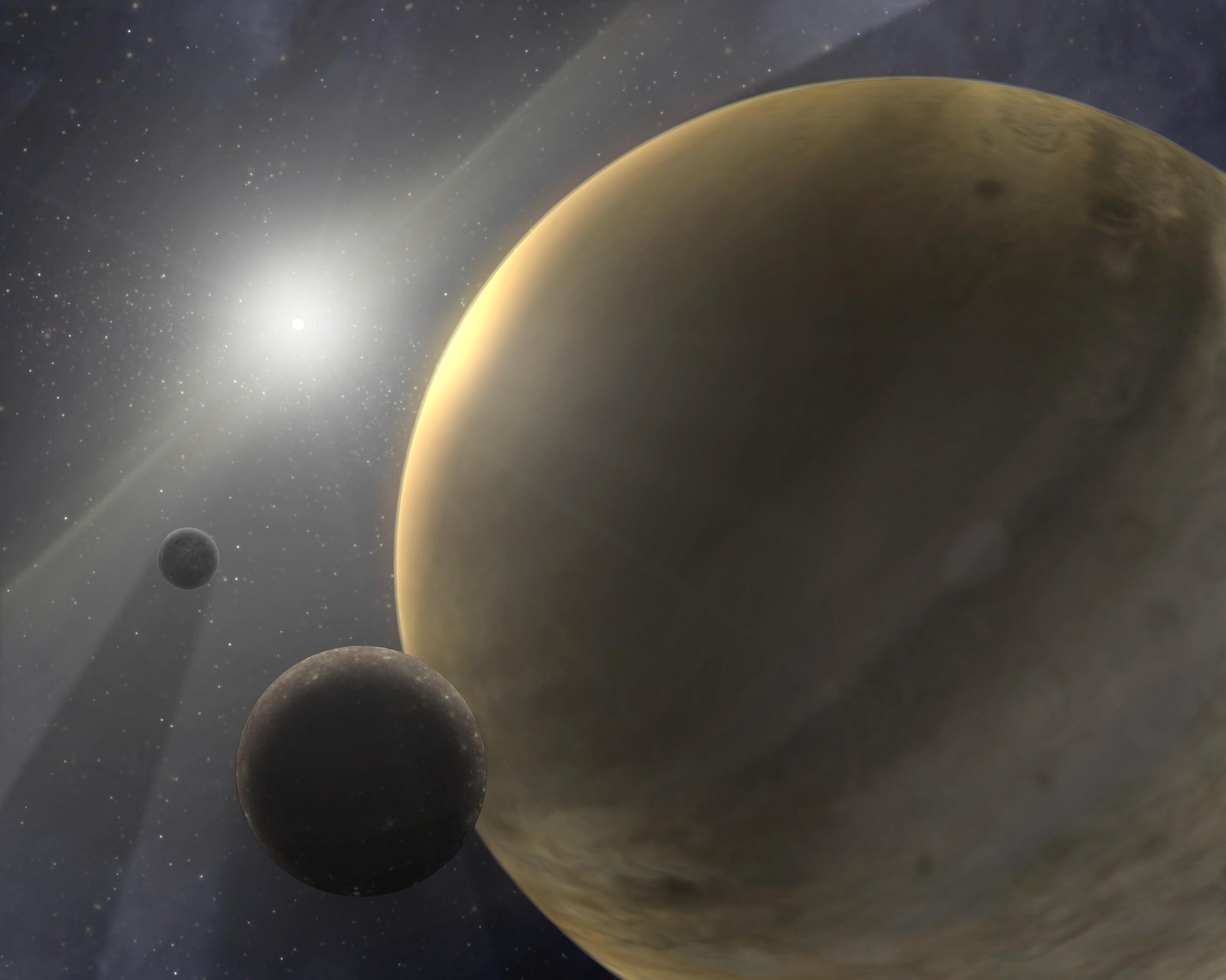 Three planets and a bright star appear against a backdrop of pinpricks of light of distant stars. The largest, a light-brown orb with the swirly appearance of a gas giant, fills the right hand side of the frame. In the lower left, just in front of the big light brown body, we see a smaller, darker body, its top surface lit by the light from the bright star in the upper left. The third planetary body, the smallest yet, lies between the smaller body and the star. It casts a long shadow across the dust of space.
