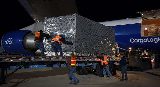 slide 1 - A crate containing one of the twin Gravity Recovery and Climate Experiment Follow-On (GRACE-FO) satellites