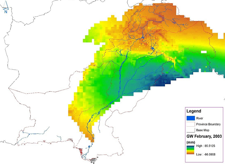 Pakistan water managers used NASA GRACE satellite data to produce this map of monthly groundwater changes in the Indus River Basin. Orange and yellow indicates areas where groundwater might be depleted, while blue and green highlights areas where groundwater is being replenished. Credit: Pakistan Council of Research in Water Resources.