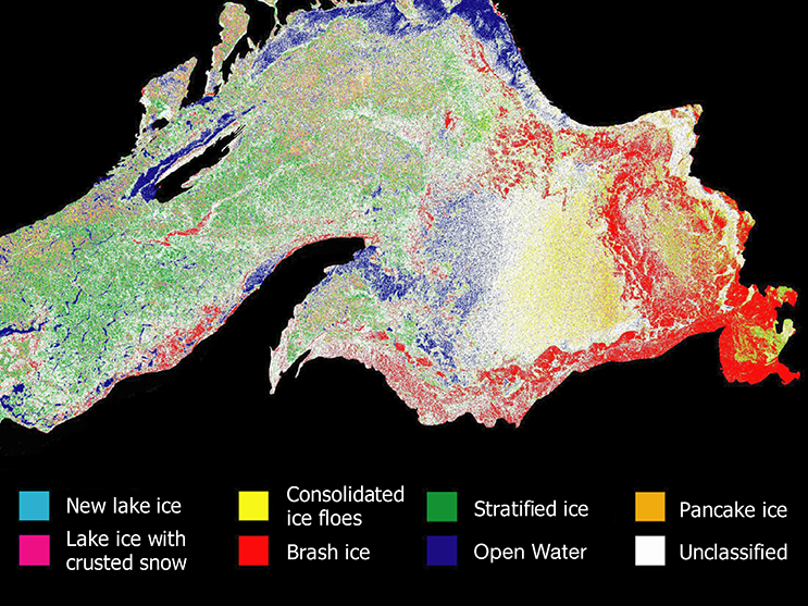 A color-coded image of major ice types on Lake Superior, made from a RADARSAT1 radar backscatter image using a new NASA and NOAA-developed technique.Image Credit: NOAA Great Lakes Environmental Research Laboratory and NASA
