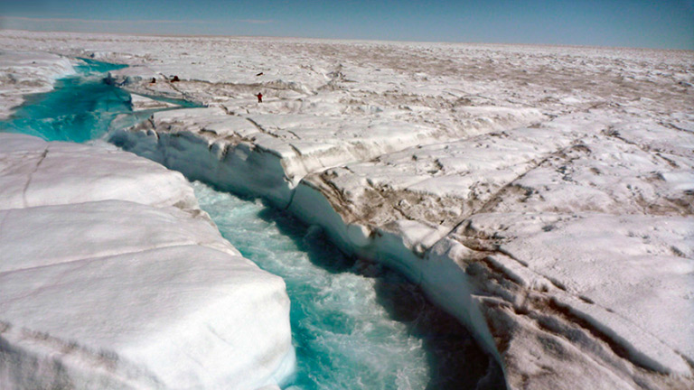 A river of meltwater flowing across Greenland's ice sheet. Credit: UCLA/Laurence C. Smith. View larger image.