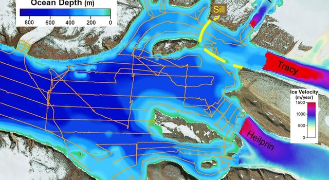 slide 2 - This figure shows estimated ice flow velocities of Tracy and Heilprin glaciers