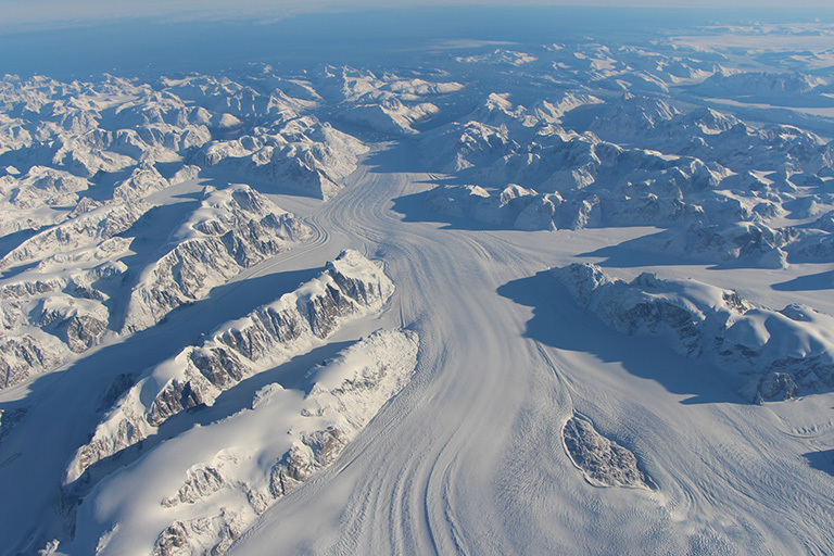 Heimdal Glacier in southern Greenland, in an image captured on Oct. 13, 2015, from NASA Langley Research Center's Falcon 20 aircraft flying 33,000 feet above mean sea level. Credit: NASA/John Sonntag.
