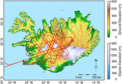 Map of Iceland shows the flight path (red lines) for a single flight to map flow speeds across two ice caps with the UAVSAR instrument. Image Credit: Caltech