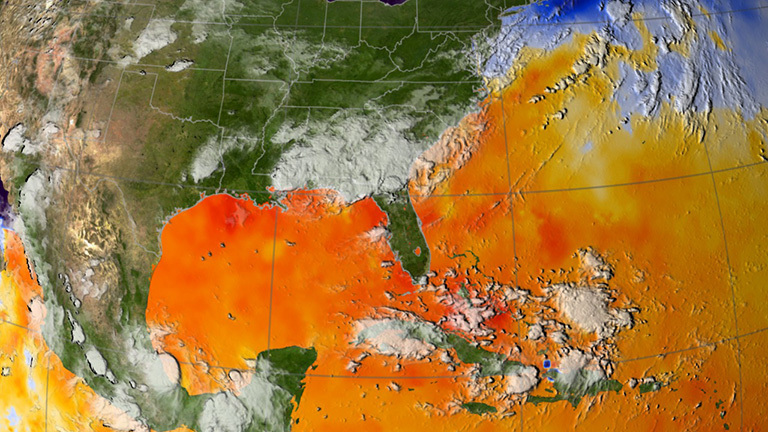 This map of ocean surface temperatures shows how warm waters in the North Atlantic fueled Hurricane Katrina. NASA and UCI researchers have found that the same conditions heighten fire risk in the Amazon basin. Credit: Scientific Visualization Studio, NASA’s Goddard Space Flight Center