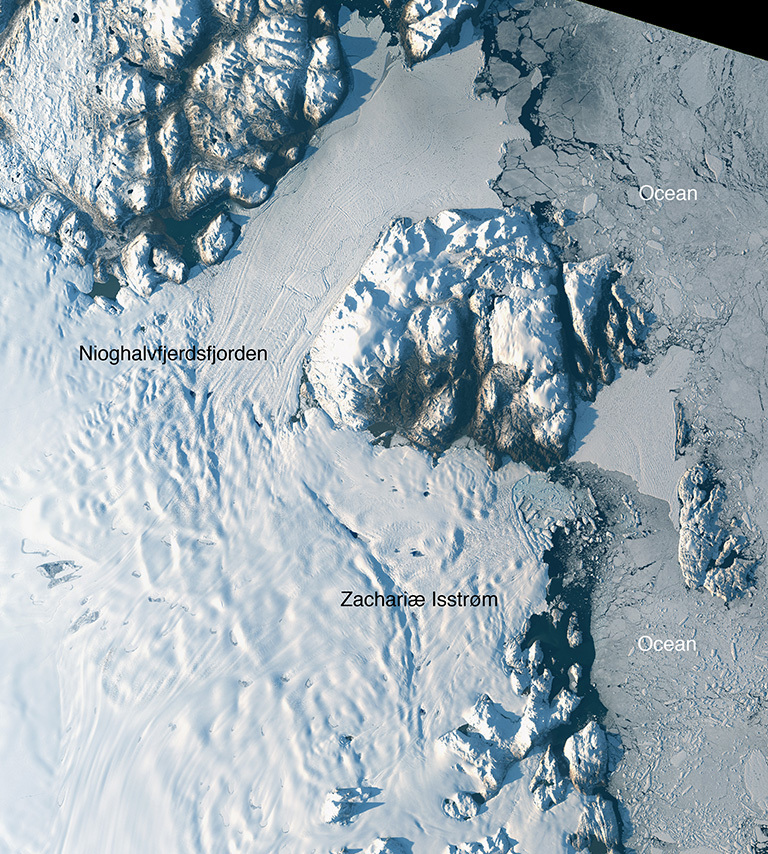 Landsat-8 image of Greenland's Zachariae Isstrom and Nioghalvfjerdsfjorden glaciers, acquired on Aug. 30, 2014. Credit: NASA/USGS.