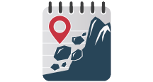 The Landslide Reporter Logo A square, spiral bound notebook (spiral on top) shows a cartoon of a steep mountain with rocks cascading down its left side. Hovering over the falling rocks is a red teardrop marker of the type commonly used on maps to mark points of interest.