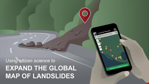 Artwork made on a computer depicts a hand holding a cell phone in front of a mountain road that has been blocked by debris from a landslide. The cell phone screen shows a map from the Landslide Reporter app.