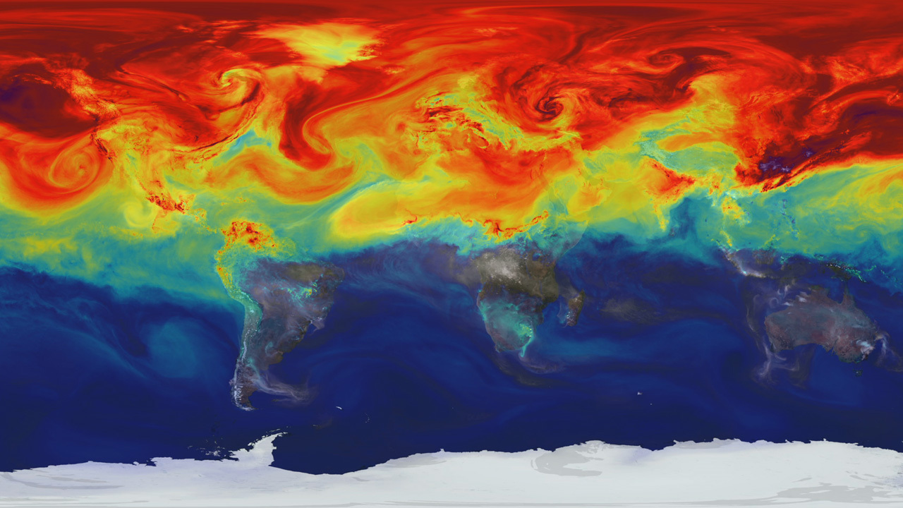 Swirls and clouds showing how greenhouse gases fluctuate in Earth's atmosphere, with higher concentrations of CO2 shown in red.
