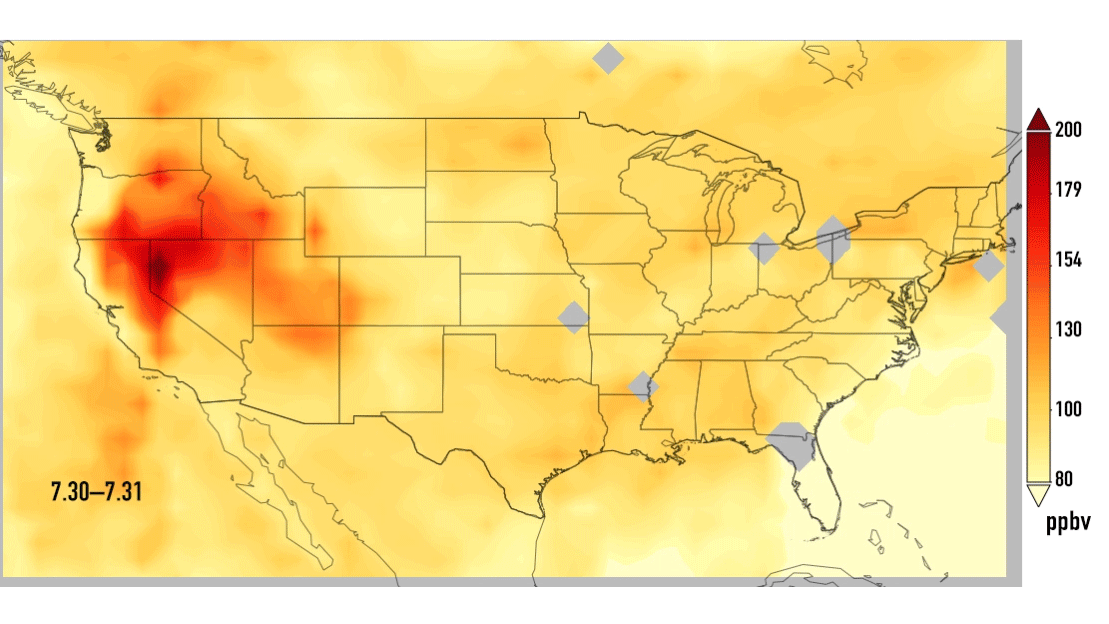 This animation shows concentrations of carbon monoxide (in orange/red) from California's massive wildfires