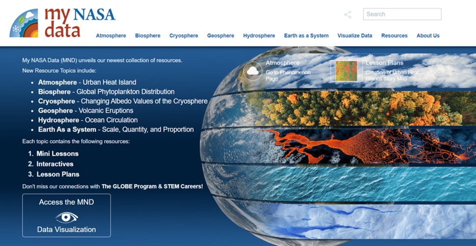 Screenshot of the My NASA Data website landing page. It has an Earth showing the earth systems (atmosphere, biosphere, lithosphere and hydrosphere) and a list of resources on the page.