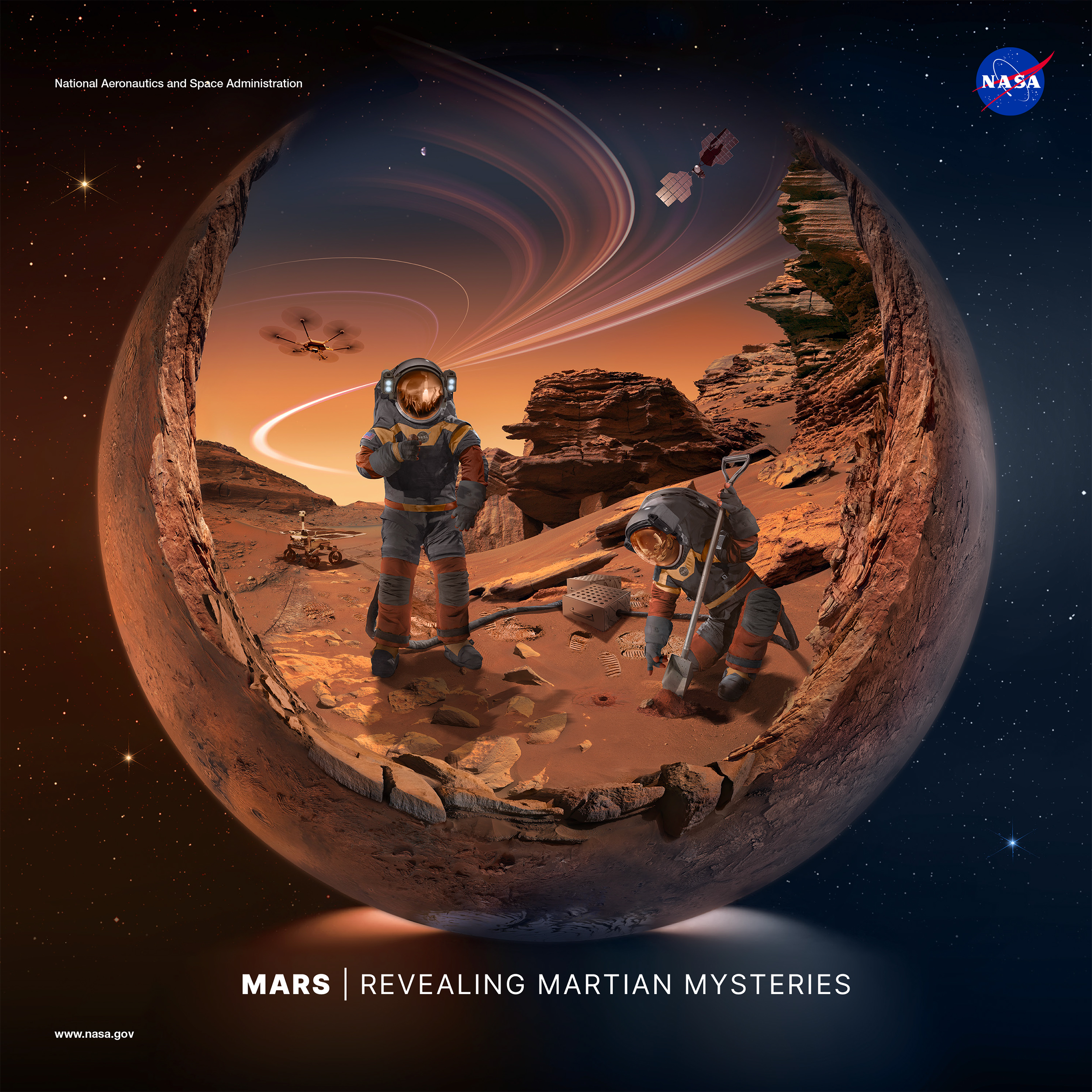 An artist’s concept – composed of rusty browns, reds, and dusky purples – depicting two Artemis astronauts collecting rock samples on Mars. The scene is surrounded by a spherical frame, which resembles the planet Mars on the outside, and forms the rocky cliffs of the Jezero Delta formation on the inside. The landscape is composited with real images captured by NASA’s Perseverance Rover in June of 2022. In the right foreground an astronaut kneels, using a shovel to dig up soil samples. On left, the other astronaut stands, holding a rock sample in their left hand. The Artemis 1 launch can be seen reflected in the helmets visor. Behind them at left, a rover explores the surrounding area, leaving tracks in the sand. In the sky, a trajectory leads upward, curving around from right to left, then dividing into various paths at top. These paths represent the many past and future missions to visit the red planet. A futuristic Mars helicopter drone hovers in the sky on the left, and a satellite passes over in the upper right. The spherical scene is surrounded by space and stars.