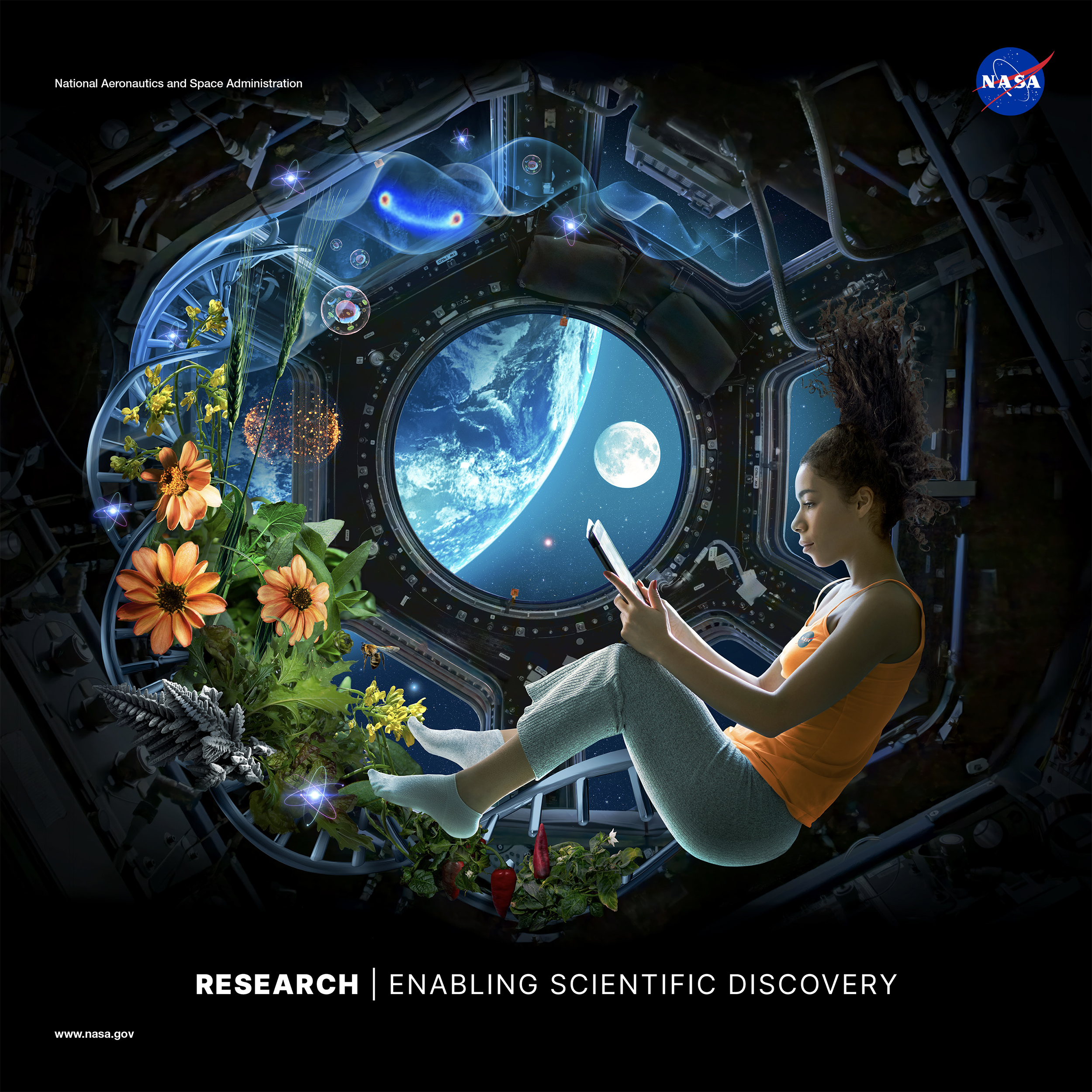 An artist’s concept – composed of cool blues and greens with orange accent colors – depicting a plain clothed female astronaut reading a tablet while floating in front of the cupola window on the International Space Station. Biological and Physical Science experiments surround the left side of the window. A strand of DNA provides a lattice for green plants, yellow mustard flowers, red peppers, and orange Zinnia flowers to grow. Glowing molecules and atoms float around the lattice. The Earth (left) and Moon (right) are visible outside the window. A small red star, representing Mars seen at center. The window provides a spherical frame for the composition, fading to black at the edges.