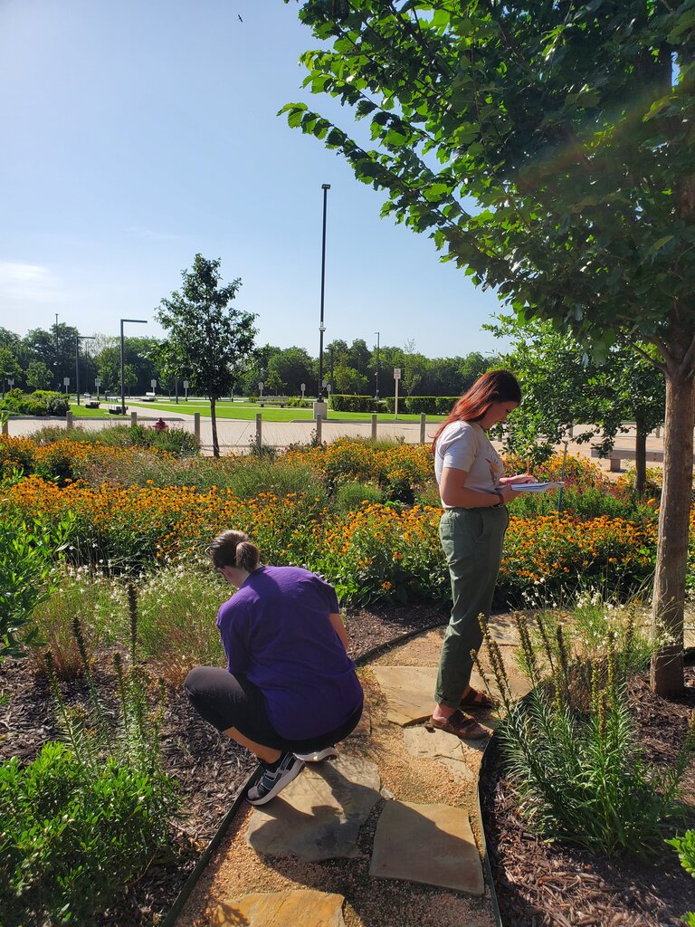 Two teachers observe, draw, and write what they see and hear around them outside the Choctaw Cultural Center in their beautiful garden.