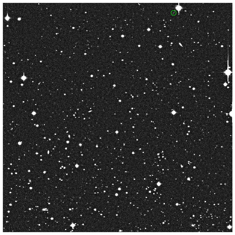 On a black field sprinkled with bright white spots of varying sizes from tiny to small blobs, we see a thin green circle. In the center of the circle is a medium-sized bright white spot. 