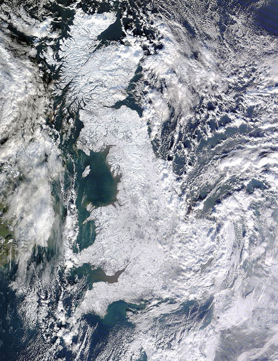 Great Britain: A historic snowfall blanketed Great Britain on Jan. 7 this year. A strong high-pressure mode of a pattern called the Arctic Oscillation pushed the jet stream further south and allowed Arctic air masses to invade Northern Europe in December and January, making for unusually severe and cold weather.Image courtesy of NASA, MODIS Rapid Response Team.