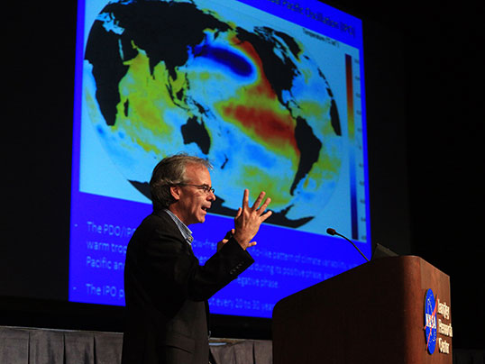 Norman Loeb, an atmospheric scientist at NASA's Langley Research Center, recently gave a talk on the "global warming hiatus," a slowdown in the rise of the global mean surface air temperature. He does not believe the hiatus will develop into something permanent. Credit: NASA/David C. Bowman