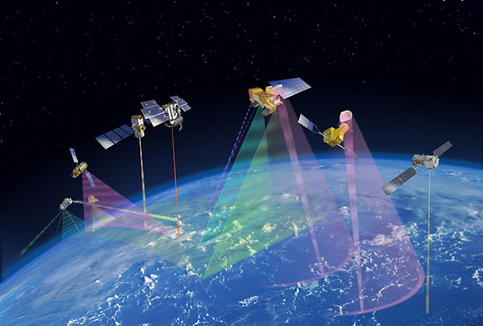 OCO-2 will become the leader of the Afternoon Constellation, or A-Train, as shown in this artist's concept. Japan’s Global Change Observation Mission - Water (GCOM-W1) satellite and NASA’s Aqua, CALIPSO, CloudSat and Aura satellites follow. Credit: NASA