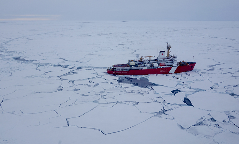 A Canadian Coast Guard icebreaker travels through the Beaufort Sea ice pack in September 2016. Credit: Alek Petty/NASA's Goddard Space Flight Center.