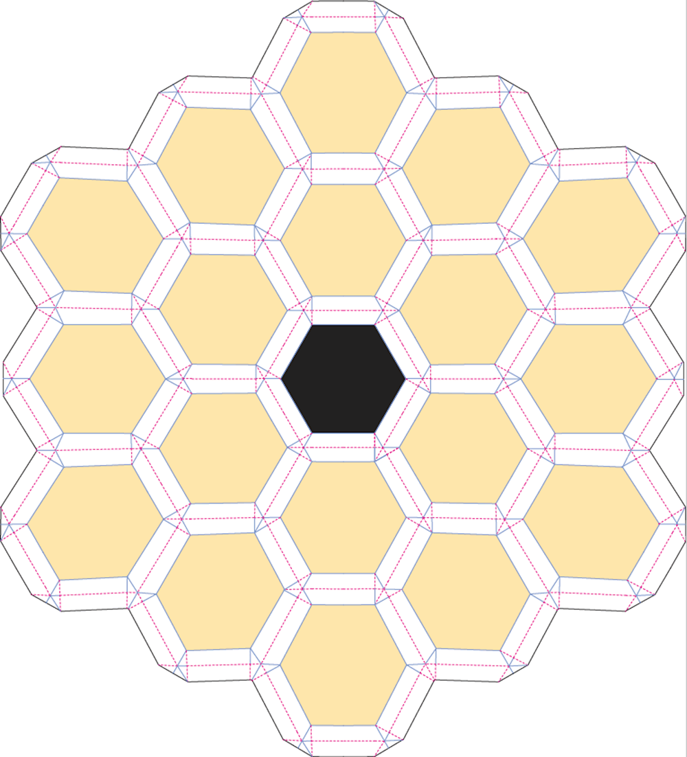View of the template of an origami pattern shaped with the 18 hexagon mirror layout of the Webb telescope.