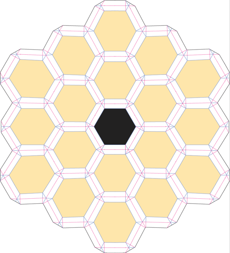 View of the template of an origami pattern shaped with the 18 hexagon mirror layout of the Webb telescope.