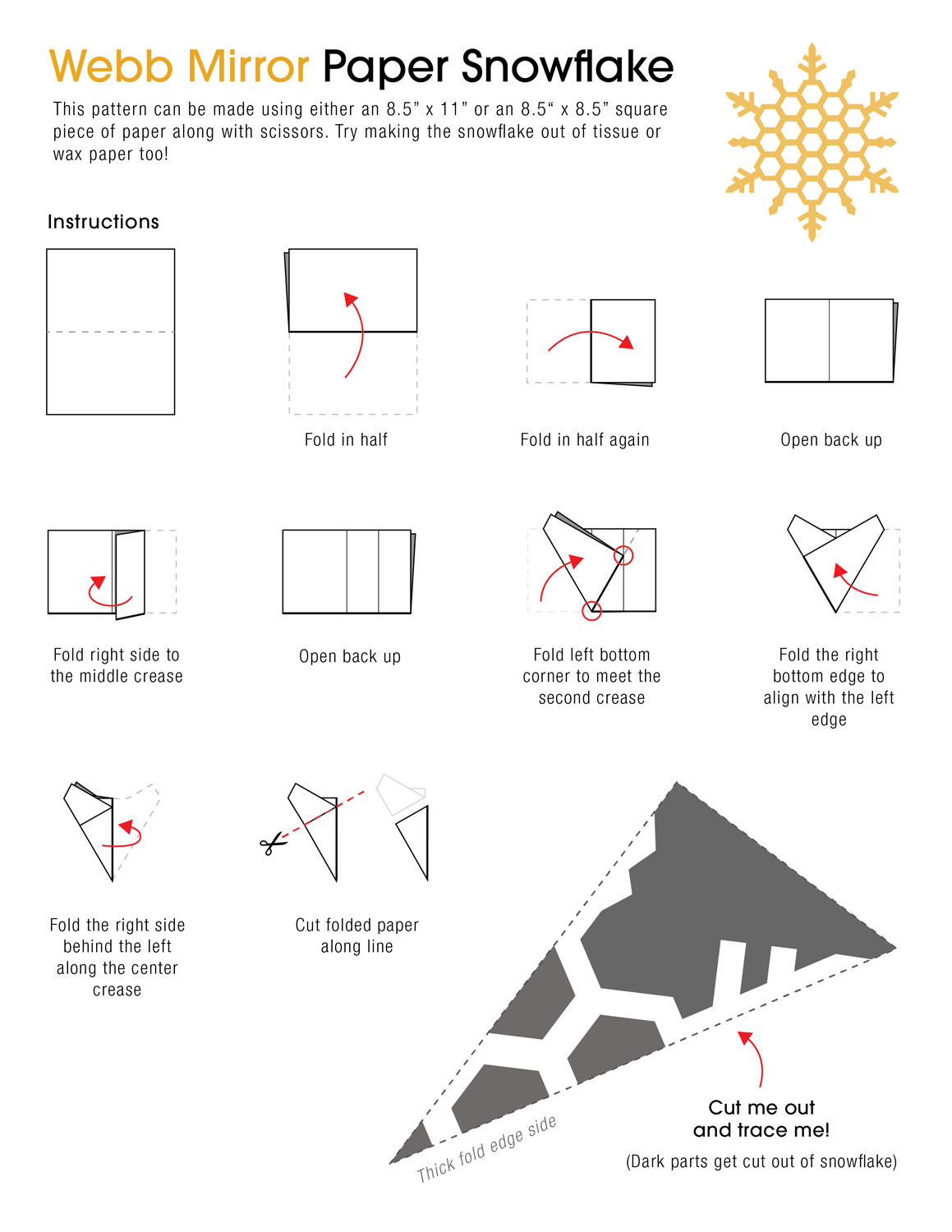 Graphic containing instructions on how to make a Webb Mirror Paper Snowflake.