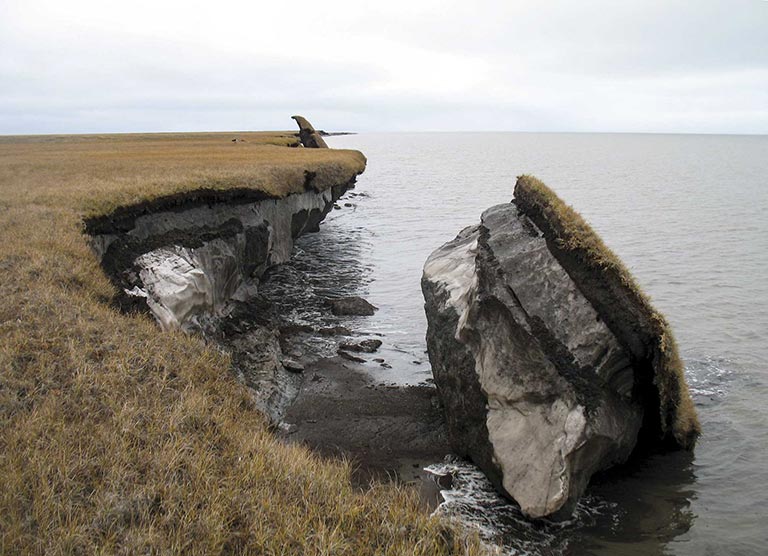 Collapsed permafrost block of coastal tundra on Alaska’s Arctic Coast. Credit: U.S. Geological Survey