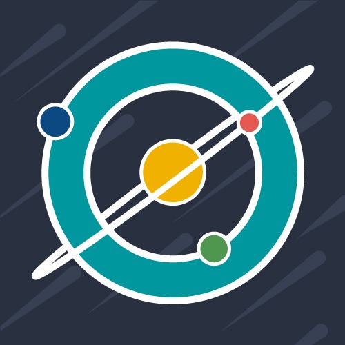 In this graphic logo we see a yellow star orbited by three planets. A green planet orbits in the plane of the image, on the inner edge of an aqua-colored ring. At the outer edge of the aqua-colored ring, a blue planet orbits in the same plane as the green one. Oblique to these planets, a smaller red planet orbits alone, it's orbit marked by a skinny circle that we see on its edge.