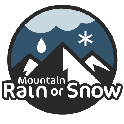 Mountain Rain or Snow logo. In a grey-blue circle, we see a cartoon of snow-capped mountains under a storm cloud, with a rain drop on one side and a snowflake on the other. The color palette is white, grey-blue, to black. Across the bottom of the circle and extending outside of the circle are the worlds Mountain Rain or Snow.