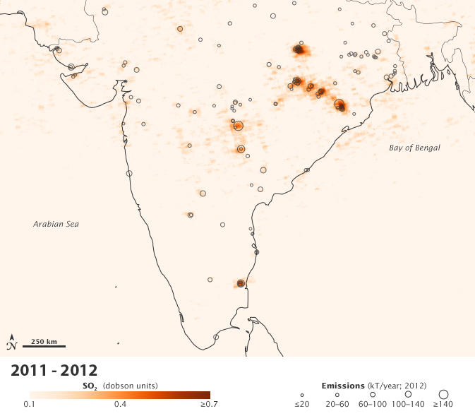Map showing average sulfur dioxide levels measured by the Aura satellite over India in 2011-2012. The black circles represent the locations of many of India's top sulfur dioxide emissions sources in 2012. Larger dots indicate greater emissions. Credit: NASA Earth Observatory.