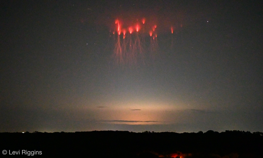 a dozen red lights hover in the sky, well above the clouds, which are grey and visible in front of a diffuse patch of light that is generated by a lightning flash, and a black horizon of tree tops. Each red light looks like a cone of intense but diffuse light shining upward from a bright spot. Below the bright spot, jagged tendrils of light like roots extend downward towards the clouds.