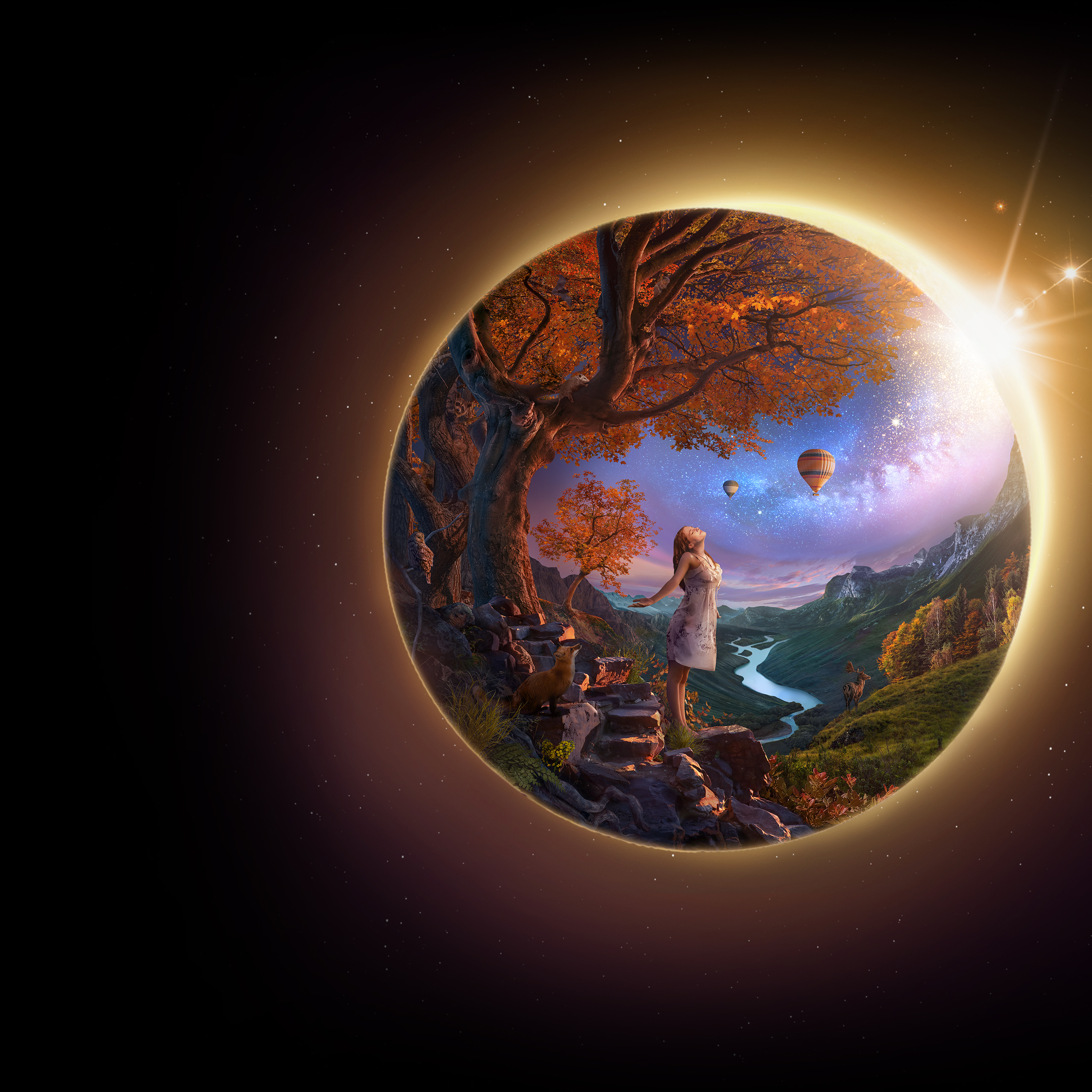An artist’s concept of a landscape framed inside a sphere, which doubles as an eclipse. The concept is composed of dusky purples, oranges, golds, and greens. In the left foreground, a young woman wearing a white dress basks in the rays of a solar eclipse. She stands under a bright orange fall tree rooted to the side of a rocky mountain trail. The scene overlooks a valley with a river running through the middle towards distant hazy blue mountains. Nocturnal animals – including a fox, owl, possum, and bat – emerge to investigate the sudden onset of night. A deer stands on a grassy knoll at right in front of a line of fall colored trees. The Milky Way trails across the sky, leading up from the young woman to the eclipse and glittering stars at top right. Two hot air balloons float in the distance. This concept was created in celebration of the Heliophysics Big Year, which is bookended by the Annular Eclipse in October of 2023 and the Total Solar Eclipse in April of 2024. It also serves as the cover of the 2024 NASA Science Planning Guide.
