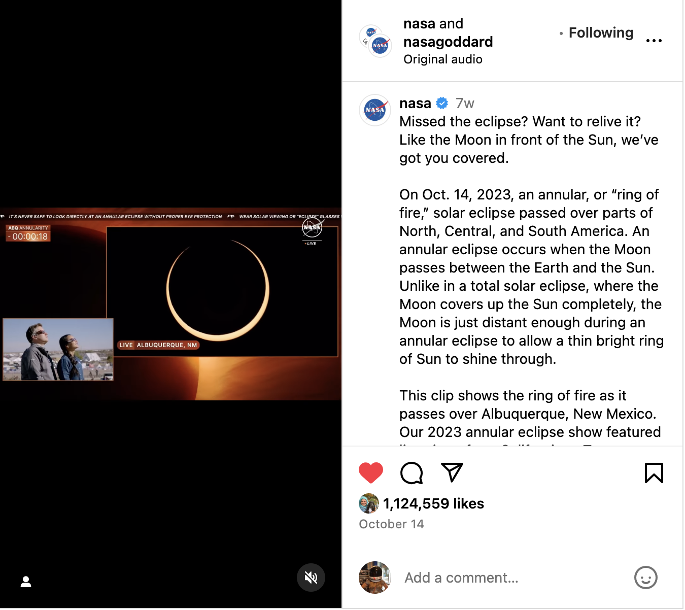 A screenshot of an Instagram post. On the left, two people look up at the sky wearing eclipse glasses. The annular eclipse is also shown. On the right, there is an Instagram caption