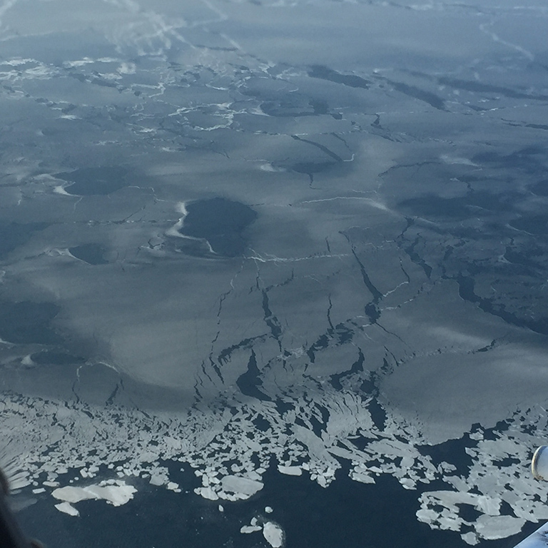 Young sea ice in the Chukchi Sea, north of the Bering Sea, as seen by Operation IceBridge in March 2017. IceBridge measures ice thickness along its flight lines. Once ICESat-2 launches, it will greatly increase sea ice coverage with a dense grid of measurements, taken year-round. Credit: NASA.