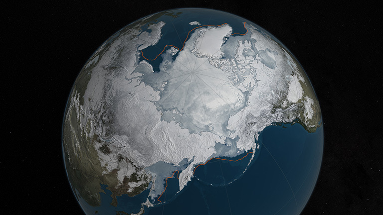 Arctic sea ice was at a record low wintertime maximum extent for the second straight year. At 5.607 million square miles, it is the lowest maximum extent in the satellite record, and 431,000 square miles below the 1981 to 2010 average maximum extent. Credit: NASA Goddard's Scientific Visualization Studio/C. Starr.
