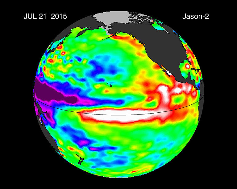 This image is a 10-day average of sea surface height anomaly data from the OSTM/Jason-2 satellite, centered on July 21, 2015. The difference between what we see and what is normal for different times and regions are called anomalies or residuals. Green indicates normal sea level heights, while yellow and red indicate areas that are higher than normal. Credit: NASA. View larger image.