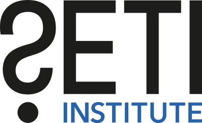 SETI black text logo starts with a backwards S above a black dot so it looks like a question mark. This sits above blue text reading institute.