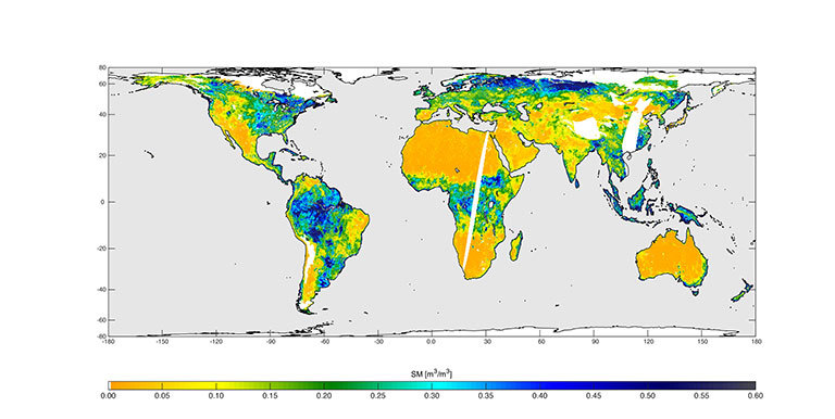 High-resolution global soil moisture map from SMAP's combined radar and radiometer instruments, acquired between May 4 and May 11, 2015, during SMAP's commissioning phase. The map has a resolution of 5.6 miles (9 kilometers). Credit: NASA/JPL-Caltech/GSFC. View larger image.