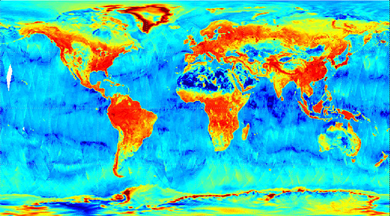 SMAP radar image acquired from data from March 31 to April 3, 2015. Weaker radar signals (blues) reflect low soil moisture or lack of vegetation, such as in deserts. Strong radar signals (reds) are seen in forests. SMAP's radar also takes data over the ocean and sea ice. Credit: NASA/JPL-Caltech/GSFC. View larger, more detailed image.