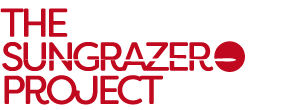 In bold, red capital letters are the words The Sungrazer Project, stacked one above the other. To the right of the word "sungrazer" is a red circle, standing in for the Sun. A streak of white extends from the "u" in "sungrazer" all the way across the middle of the Sun, getting thicker from left to right, just like the streak of a comet might appear in project data.