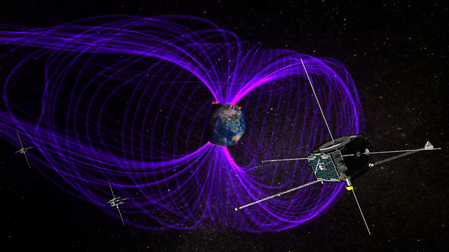 A THEMIS spacecraft, which look like a big box with solar panels on the left side and long poles extending out from each of its six faces, is in the lower right. Behind it is Earth, recognizable by its pattern of land masses and oceans. Jutting out from each pole are bright purple lines that loop in deformed arcs before rejoining the opposite pole. On the right side of Earth in this view the arcs are nearly circular. To the left, they are extended into oblong loops.A THEMIS spacecraft, which look like a big box with solar panels on the left side and long poles extending out from each of its six faces, is in the lower right. Behind it is Earth, recognizable by its pattern of land masses and oceans. Jutting out from each pole are bright purple lines that loop in deformed arcs before rejoining the opposite pole. On the right side of Earth in this view the arcs are nearly circular. To the left, they are extended into oblong loops.