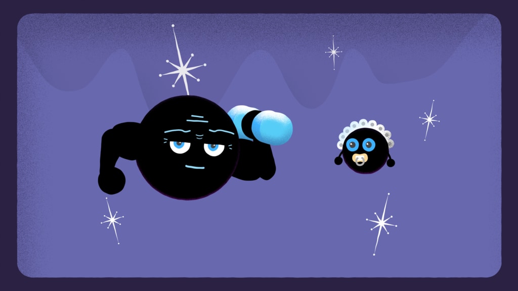 Video thumbnail featuring two cartoon black holes, one is muscly and holds a dumbbell, the other has a baby bonnet and pacifier