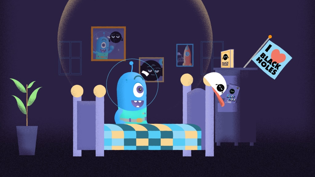 A blue cartoon character stands in their bedroom with black hole pictures and paraphernalia strewn about.